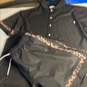 Mavrans Black Polo Shirt and Shorts Set with Animal Print Trim